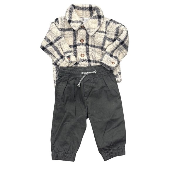 Carters Baby Sherpa Plaid Jacket & H&M Jogger Pants Set 12M Cozy Winter Outfit - Picture 1 of 3